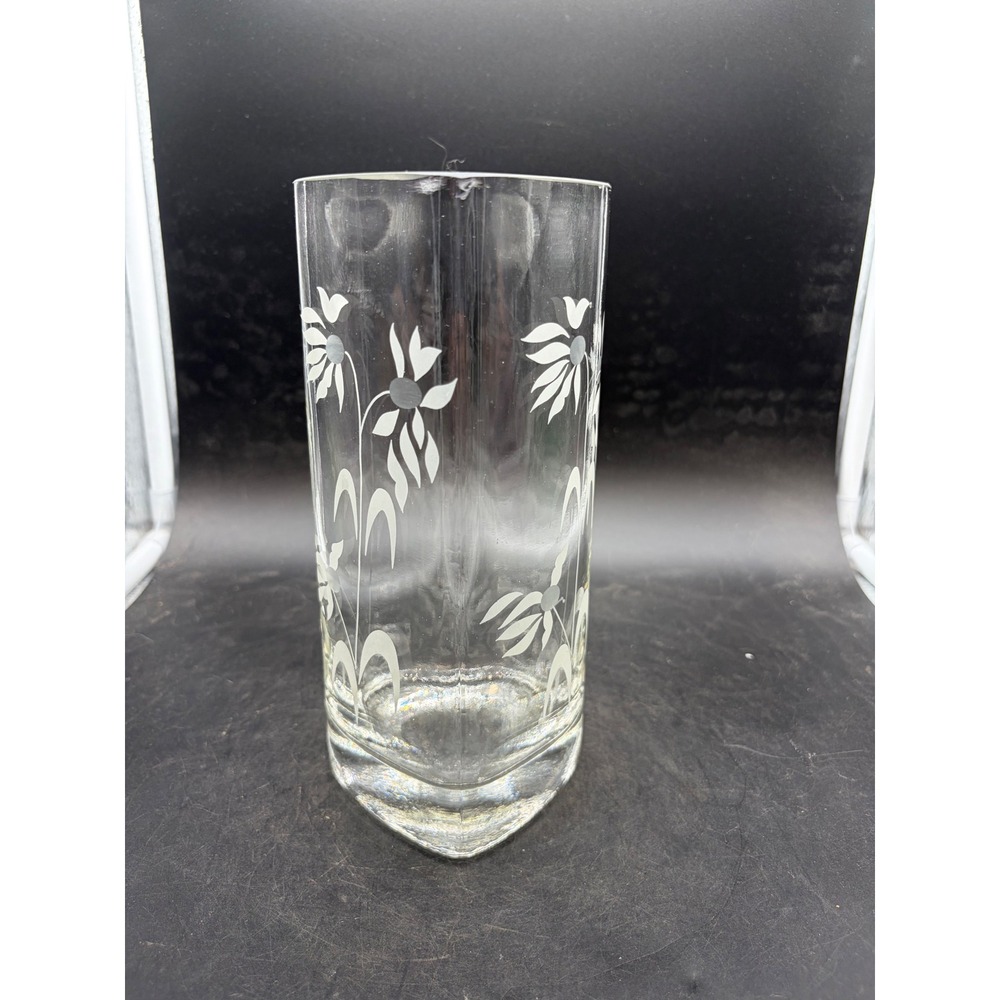 Vintage Heart Shaped Clear Glass Vase Etched White Floral Design 8.5 Inch